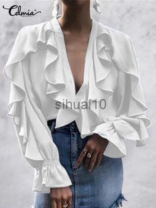 Dames Blouses Shirts Vrouwen Ruches Blouses 2023 Mode Sexy V-hals Tops Elegante Lange Mouwen Flare Manchet Shirts Casual Button Up Party Blusas J230621