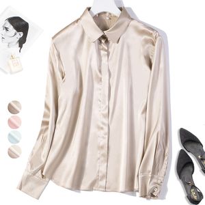 Blouses voor dames shirts dames 95% mulberery zijde 5% spandax 19 mm satijnen zijden button down shirt top blouse collared kantoor werk champange m l xl jn185 230228