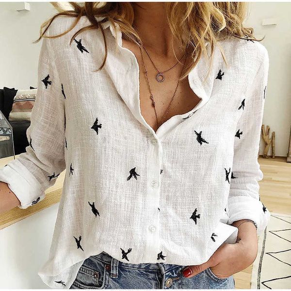 Blusas para mujer Camisas Camisa con estampado de pájaros para mujer Top de manga larga para mujer 35% algodón Oficina casual top suelto grande 5XL 2023 T230825