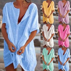 Chemisiers pour femmes Chemises Chemisier pour femmes Chemise de plage en coton Hauts d'été Couvertures décontractées Robes mi-longues Mode Solide Tuniques amples Femme Maillots de bain 230803