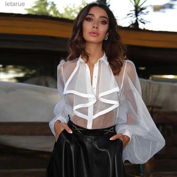 Blusas de mujer Camisas Blusa transparente con mangas abullonadas y burbujas para mujer, Body de Organza translúcido Sexy a la moda, camisa transparente de verano para mujer, ropa YQ240118