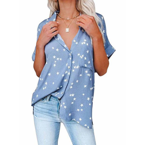 Chemisiers pour femmes Chemises Femme Chemise à manches courtes à imprimé étoiles Chauve-souris Dames Mode Revers Simple boutonnage Épissage Blouse Été Lâche Casual Tops 230808