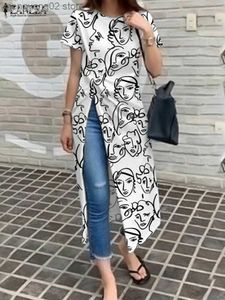 Blouses Femme Chemises Chemisier d'été femme ZANZEA mode manches courtes hauts 2023 décontracté imprimé chemises longues fente irrégulière Camisas surdimensionné OL tunique T230508