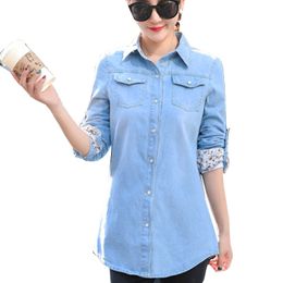 Blouses Shirts voor dames dames tops en tops denim shirts dames tops herfst met lange mouwen blauwe spijkerbroek plus maat s ~ 3xl chemie bluesa's gedrukt goed 230404