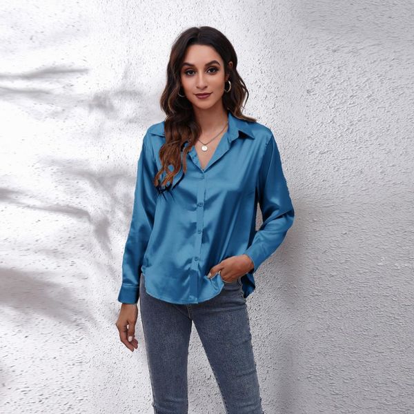 Blouses pour femmes Chemises Femmes Satin Tops Casual Col Rabattu Fausse Soie À Manches Longues Ruban Noeud Papillon Chemise Lâche WDC039 230211