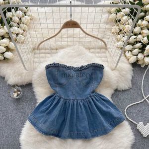 Damesblouses Shirts Dames Sexy Denim Camis Koreaanse mode Off-shoulder Effen tanktops Hot Zoete Ruches Achtervouw Crop Top Vrouwelijke mouwloze tunieken YQ231213