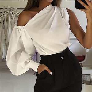 Women's Blouses shirts vrouwen sexy een schouder witte blouse skew kraag lantaarn mouw onregelmatige vrouwelijke casual slanke solide tops blusasvrouwen