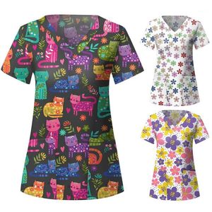 Blusas para mujer, camisas para mujer, manga corta, cuello en V, estampado de flores, Top, uniforme de trabajo de enfermería, Tops, Blusa elegante 2022