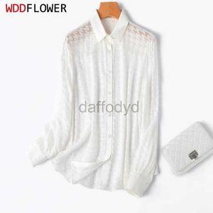 Blouses voor dames shirts dames zijden shirt 100% moerbei zijde dun type transparante borduurwerk witte knoppen omlaag lange mouw bovenste blouse m l xl m1079 240411