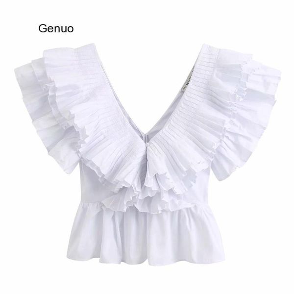 Chemisiers pour femmes Chemises Femmes Solide Col en V Plissée Volants Casual Blanc Blouse Blouse Dames Chic Papillon Manches Popeline Femininas Chemise À