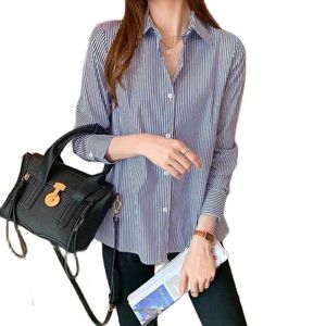 Women's Blouses Shirts vrouwen Spring Summer Blouses Shirts Lady Fashion Casual Long Slve Turn Down Blue Stripes Blusas Tops WY0304 Y240426