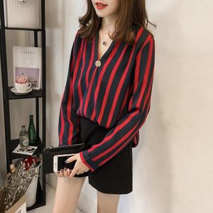 Vrouwen Blouses Shirts Vrouwen Gestreepte Chiffon Lente Zomer 4XL Oversize Lady Casual Lange Mouwen V-hals Losse Blusas Top Trui kleding