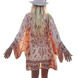 Damesblouses Shirts Dames Zomer Chiffon Blouse Strand Boho Kimono Vest Bloemenprint Lange mouw Casual Los Er Up Drop D Dhi7G