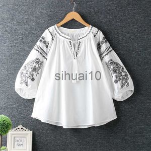 Damesblouses Shirts Dames Zomer Etnisch Vintage Mexico Boho-stijl O-hals Lantaarnmouwen Losse borduursels Veterblouse Shirt Tops Feminina J230621