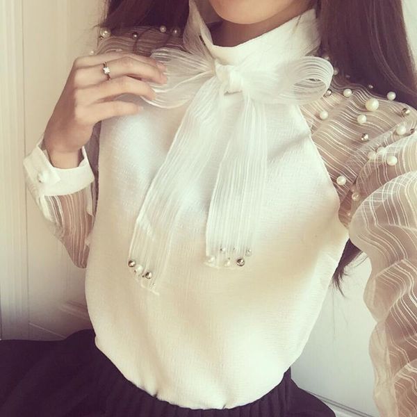 Chemisiers pour femmes Chemises Femmes Chemise d'été Bottoming Tops en organza Blouse White Bow Beads Sexy See-through High Neck