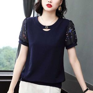Blouses voor dames shirts vrouwen zomerstijl blouses shirts dame casual kort patchwork puff puff puff slve o-neck losse blusas tops dm0070 y240426