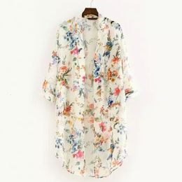 Women's Blouses shirts vrouwen vintage bloemenchiffon shirts kleine frisse, eenvoudige lange zonnebrandcrème blouse losse sjaal kimono vest boho tops 230311