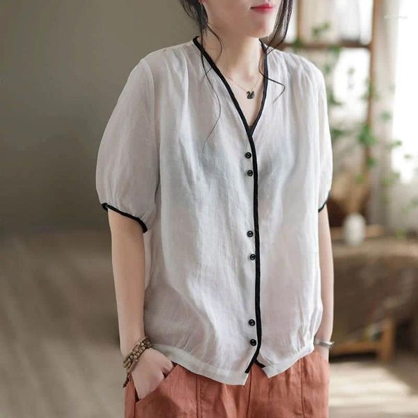 Blouses Femmes Chemises Femmes Vintage Col V Demi Manches Cardigans Coton Lin Casual Style Coréen Simple Boutonnage Chemisier Une Pièce Tops