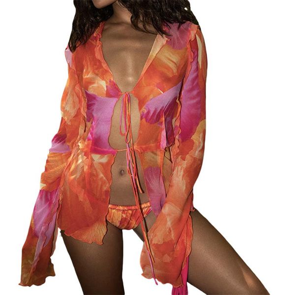 Blouses Femmes Chemises Femmes Y2K Tie-Dye Chemise Mesh Sheer Voir à travers la dentelle Grunge Tops Cardigan à manches longues Sexy Trim Open Front Tie-Up