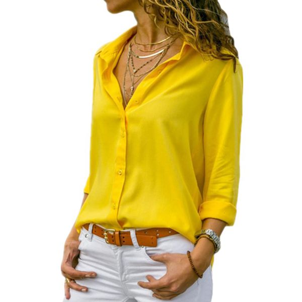 Chemisiers femmes Chemises femmes jaune chemisier en mousseline de soie Sexy automne à manches longues bouton chemise asymétrique femme vêtements de travail chemise chemisier surdimensionné ARJ-196Y 230829