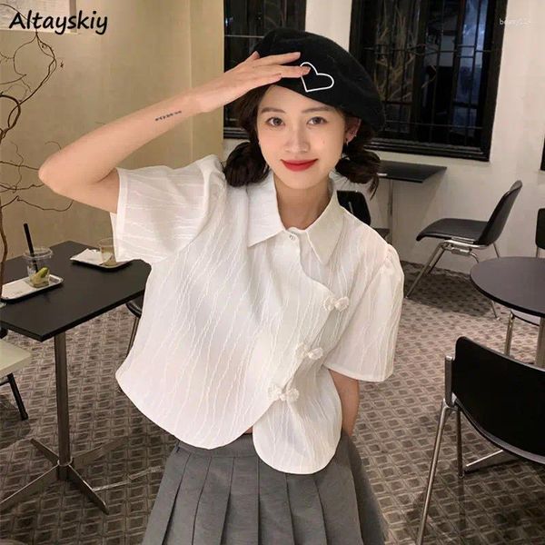 Blouses Femmes Chemises Femmes Jeune Style Chinois Collège Bouton Simple All-Match Arrivée Mode Vêtements D'été Street Wear Solide