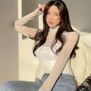 Damesblouses Shirts Womengaga Transparant Mesh Turtleneck Top Dames Sexy Lange Mouw Blouse Strakke Dunne 2021 Herfst Zonnebrandcrème Bodem Shi