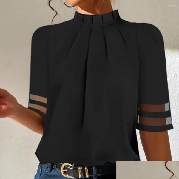 Blouses Femmes Chemises Femmes Noir Femmes Plover Tops Col Haut Coutures En Maille Demi Manches Plissées Coupe Ample Casual Office Lady B Ottgo