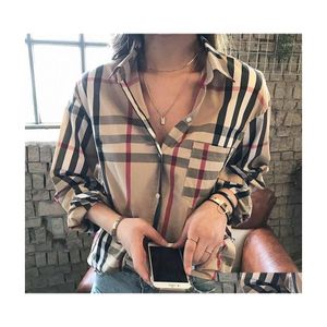 Damesblouses Overhemden Damesblouses 2022Designeroverhemden Mode Klassiek Zomer Geruit T-shirt Grote maten Casual Top met lange mouwen Dro Dhlzi