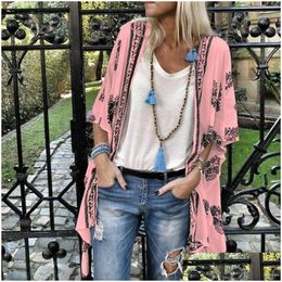 Chemises de chemisiers pour femmes Shirts Boho Imprimé SHIRTIE AUTUMNE SPRING SPRING Kimono à manches longues plage ER TOPS LADES Plus taille 5 Dhqkn