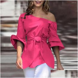 Women's Blouses shirts dames casual vaste kleur blouse elegante skew kraag veter taille zomer met wijd uitlopende halve mouw plevier dro otpje