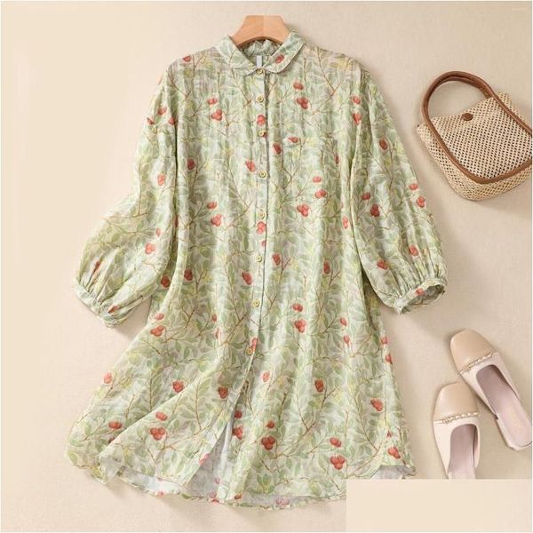 Camisas de blusas para mujeres Camisa floral de algodón y lino de algodón y lino