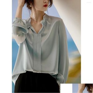 Women's Blouses shirts dames elegante en jeugdvrouw hoogwaardige ethylinezuur satijn v-neck losse casual shirt 2023 veer temperam dhpa2