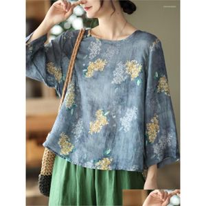 Blouses voor dames shirts dames ramie plevels bloemen print 2023 dames lente zomer casual blusas tops dames o-neck pols mouw re dhuho