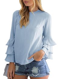 Blouzen voor dames shirts dames ruches mouw chiffon blouse zomer crew nek shirt casual solide kleur tuniek tops plus sizewomen's