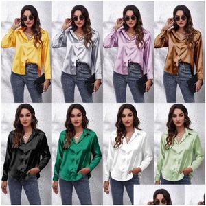 Women's Blouses Shirts Shirts Satin Silk Blouse V Neck Button Down Long Sleeve Casual Summer Clessy Tops for Work Professional Dro Dhqmy