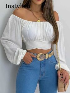 Blouses voor dames shirts dames sexy schouder gedrukt shirt modieuze en elegante lantaarn lange mouwen kanten boog top casual slanke fit shirtl2405