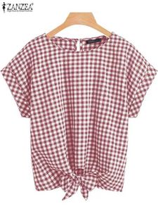 Chemises pour femmes chemises pour femmes 2024 Zanzea Top Summer Street Clothing Plain Plaid Sleeve Bow Retro Party Holift Shirt Casual Tuned Blusal2405