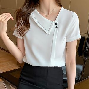 Dames Blouses Shirts Womens Shirt Chiffon Solid Blouse Dames Korte Mouw Casual Wit Skew Kraag Dames Blousees Elegante Vrouwelijke Zomer