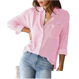 Blouses Femmes Chemises Chemise Femme Designer Cottona Boutonné Rayé Classique À Manches Longues Col Travail De Bureau Avec Poche Lâche Dhfgd