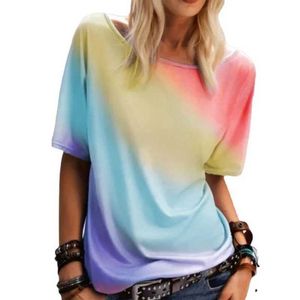 Blouses voor dames shirts dames korte slve t-shirts round kraag regenboog print casual tops losse kleding 2024 nieuwe zomer 80171 y240426
