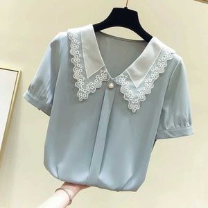 Chemises de chemisiers pour femmes chemises de style printemps / été pour femmes à manches courtes décontractées Peter Pan cou bleu topl2405