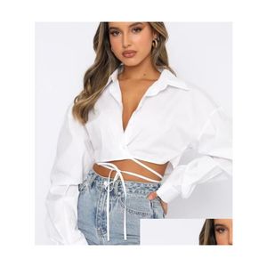 Damesblouses Overhemden Womens Spring Wrap Tie-Up Casual Dames Effen revers Blouse met lange mouwen Damestops Elegant Slank Kantoor Commu Dhc3X