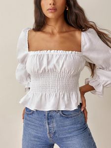 Blouses voor damesoverhemden dames tops en 2022 mode vierkante nek gesmokte taille peplum elegante witte blouse linnen blend puff lange mouw top