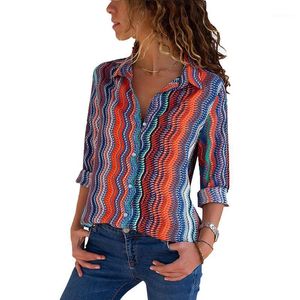 Blouses voor vrouwen shirts damesbladen en gestreepte print kleurrijke lange mouwen dames v nek chiffon blouse blusas mujer de moda 2022