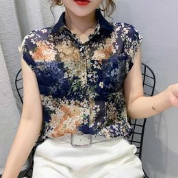 Blouzen voor dames shirts dames vintage bloemenprint blouse sluleloze shirts dames tops casual chiffon shirt zomer 2024 10225 y240426