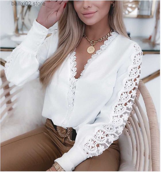 Blusas de mujer Camisas wsevypo Office Lady Lace Hook Flower Hollow Sleeve Camisas casuales Mujeres Manga larga con cuello en V Tops Primavera Otoño Vintage Tops blancos T230922