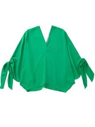 Women's Blouses Shirts Yenkye 2023 Fashion Women Vintage Oversize Bow Tie Fuffs Green Blouse Shirt Flowy V Neck Batwing Sleeve Ladies Summ