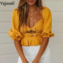 Vrouwen Blouses Shirts Yojoceli vrouwen zomer katoenen blouses shirt vrouwen vierkante hals bladerdeeg mouw boog blouses korte mouw blusas J230802