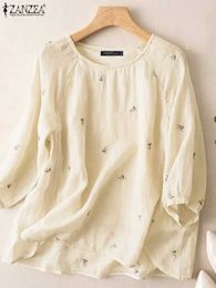 Camisas de blusas para mujeres Zanzea bordado floral casual blusa bocanada slve share de cuello de cuello de cuello de algodón túnica de algodón elegante químico de vacaciones