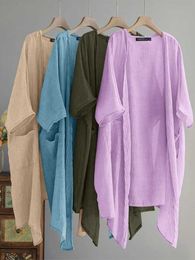 Blouzen voor dames shirts zanzea zomer elegante vesten vintage vrouwen blouse massieve kimono cape v nek 3/4 sle long blusas casual tops dunne d240507